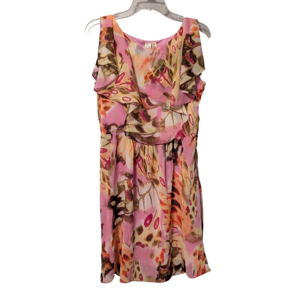 Emma & Michele Pink and Brown Floral Mini Dress Chiffon Overlay Sz. 12 - Picture 3 of 12